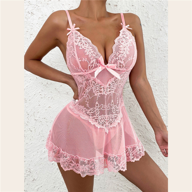 Sheer Mesh Bra - Women's Sexy Lace Babydoll Dress Open